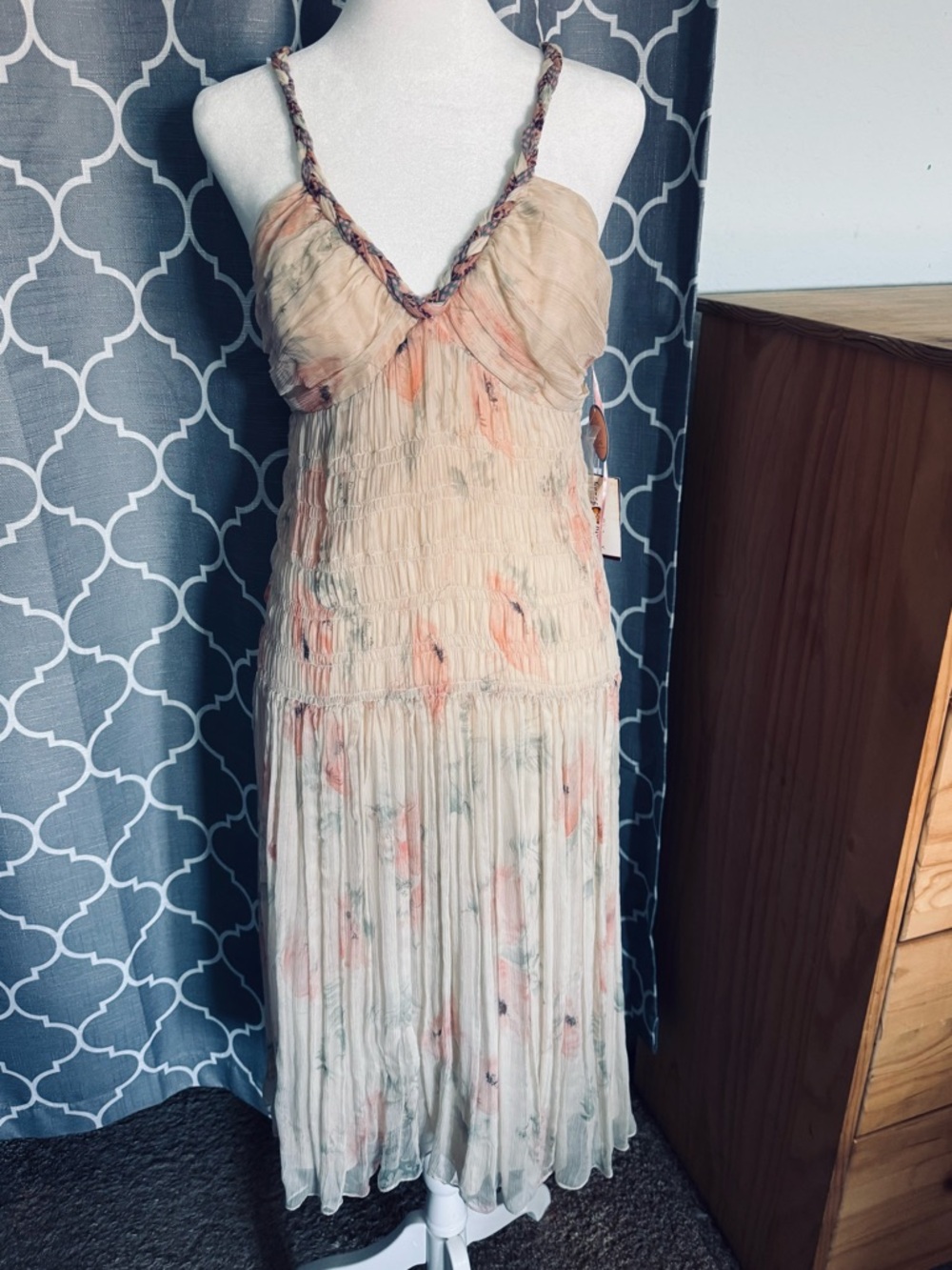 NWT Rebecca Taylor Silk Peach Green Ivory Pleated Drop Waist Tiered Maxi Dress 8